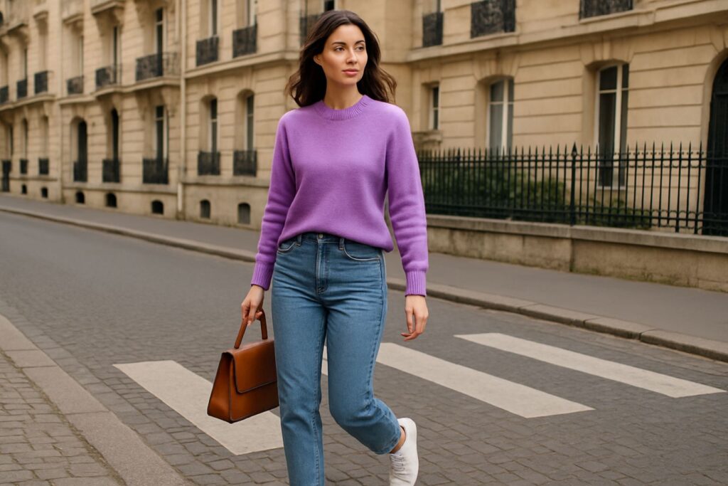exemple de tenue avec un vêtement violet